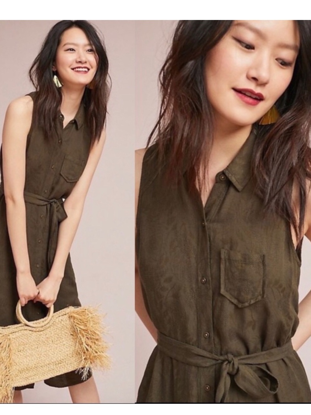Anthropologie Olive Sleeveless Tie-Waist Shirtdress
